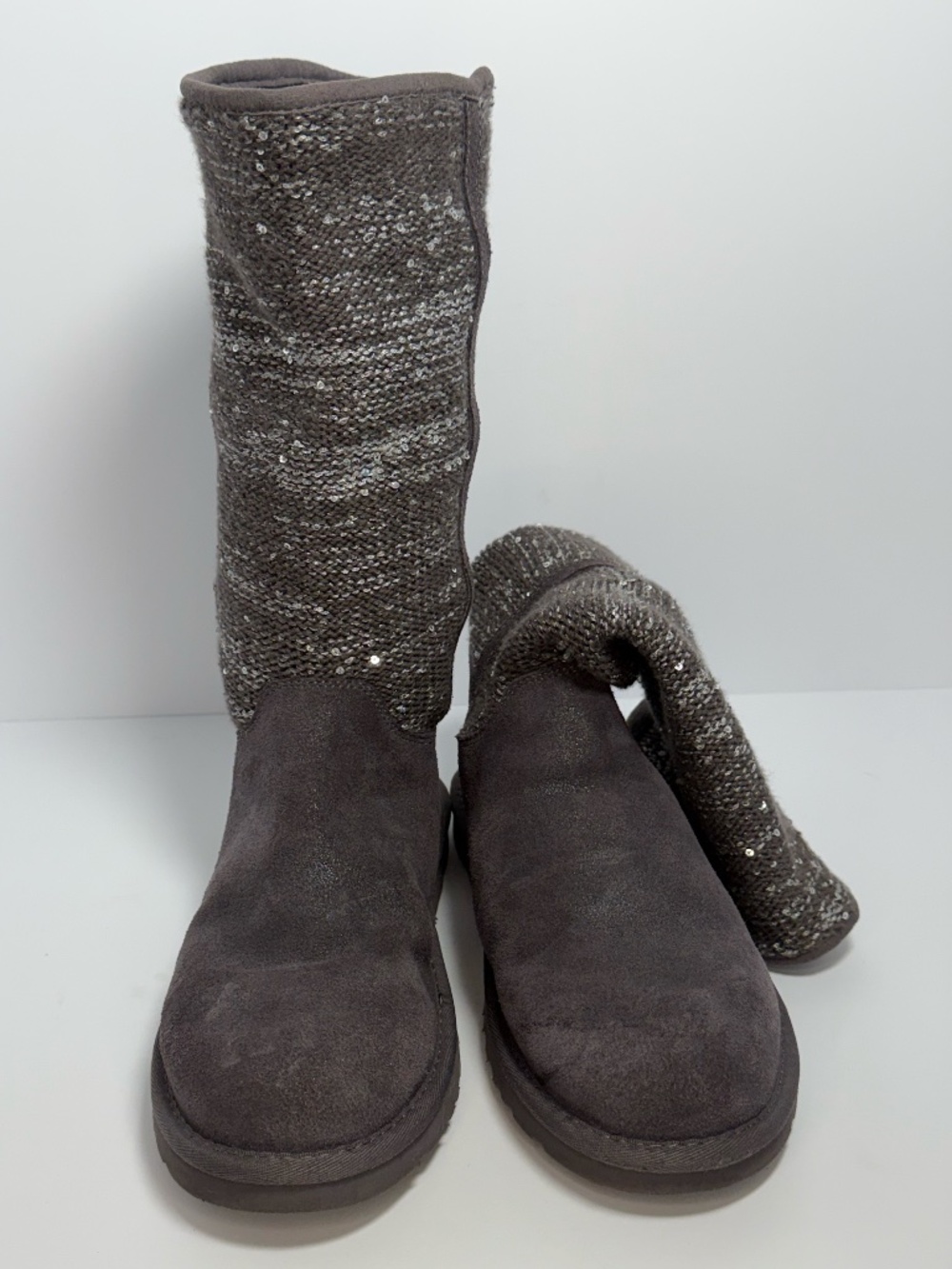 UGG Australia Camaya Charcoal Gray Suede Knit Sequin Tall Boots Women's Size 8